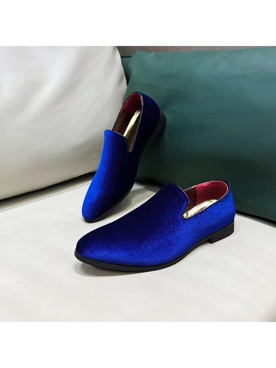 Men\'s Blue Velvet Penny Loafers Metal Buckle Slip On Luxury Suede Formal Shoes